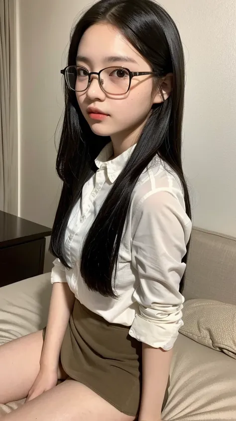 (Highest quality, 8K, masterpiece ), A 12-year-old junior high school student with a young face、 The eyes are large and clear、Black Hair、Wearing a beige mask:1.3、White Button Down Shirt、Glamour thighs:1.2、, Highly detailed face, double eyelid, Strong natur...