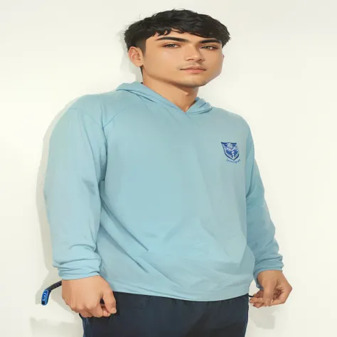 Aaraf wearing a blue shirt stands holding a tennis racket., Profile picture, light blue, long sleeve, Full product shot, Catalog photos, Vertical n - 9, blue gray color, hoodieสีน้ำเงิน, In the medium full picture, Medium head-to-shoulder shot, hoodie, Got...