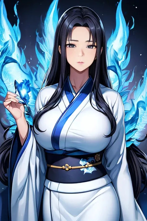 (masterpiece, high quality, lifelike, Ultra realistic, Remarkably high quality, photorealistic:1.5), Anime Woman Tsubaki Miyajima with (((((Black Long Hair wearing a White Kimono with Blue fire design on the Kimono))))) minimalist logo design bright colors...