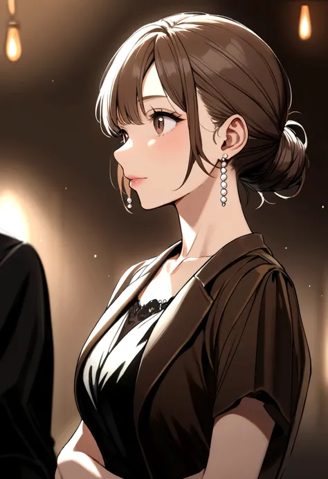 40 year old woman, brown hair, bun, white pearl earrings, black dress, brown short sleeve jacket