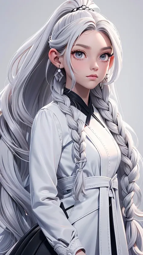 Millicent is a 21 year old young woman...., Tall and fit physique. He has light skin and gray eyes with small pupils..... Long wavy white hair braided in a high ponytail with many small braids... It has long and pointed ears.. Described as an incredibly be...