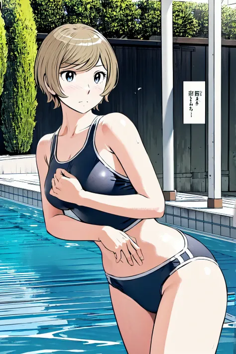 Blue school swimsuit、(masterpiece、Highest quality)、Highest quality, Ultra-high resolution, (((masterpiece))), alone, Sweat、Big eyes, Composition from the front、Shortcuts、Embarrassed face、Blonde、Cut your hair short、School swimming pool、short hair、Pussy Line...