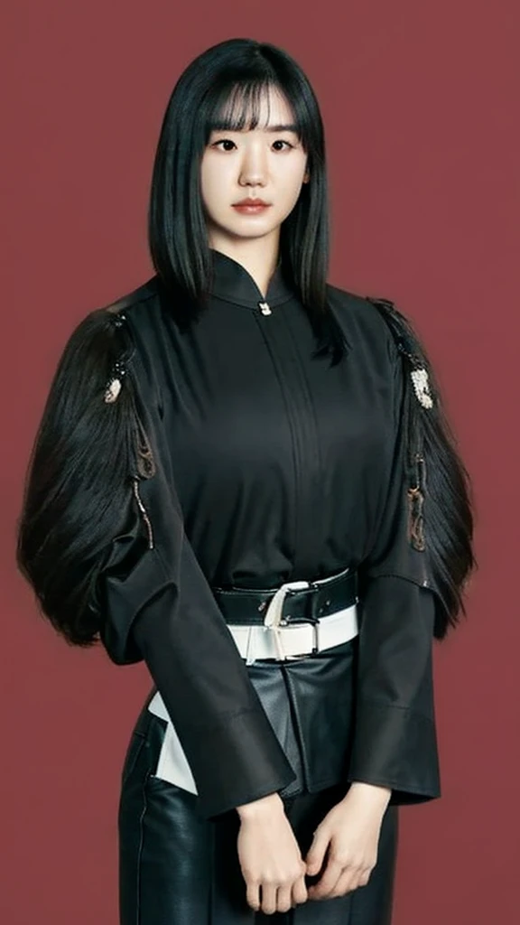 A Korean man,age 25,Cao Cao,1.80 tall,black hair in Comma hair style,skin fair,eyes black,with a black blouse,black belt and black pants,with a jacket on your arm.