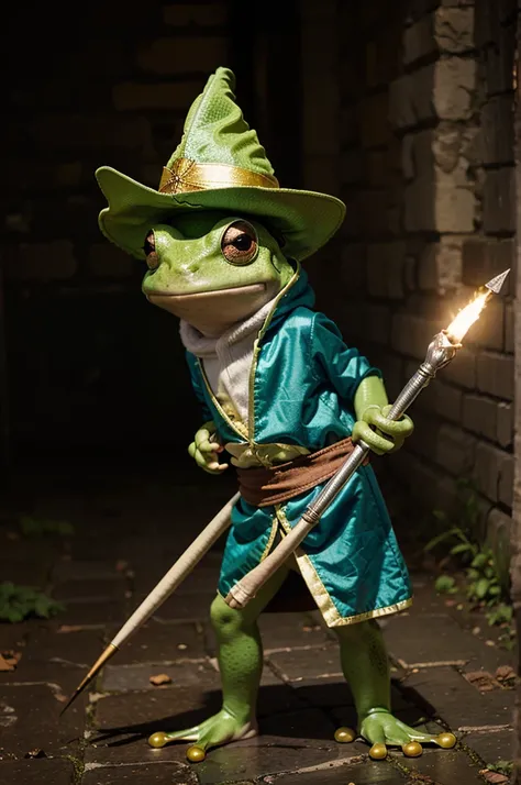 Make a frog character wearing a wizard outfit