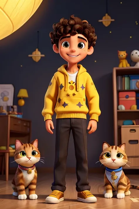 A cheerful and radiant 16-year-old boy with fair skin., black eyes, defined curly light brown hair and wearing a yellow sweater, He has a star sticker on his cheekbone, smiles lovingly with his white cat, He is in space.