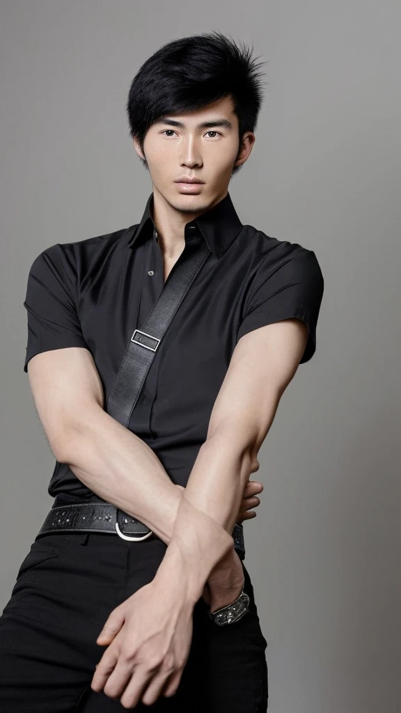 A Korean man,age 25,Cao Cao,1.80 tall,black hair in Comma hair style,skin fair,eyes black,with a black blouse,black belt and black pants,with a jacket on your arm.