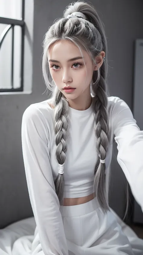 Millicent is a 21 year old young woman...., Tall and fit physique. He has light skin and gray eyes with small pupils..... Long wavy white hair braided in a high ponytail with many small braids... It has long and pointed ears.. Described as an incredibly be...