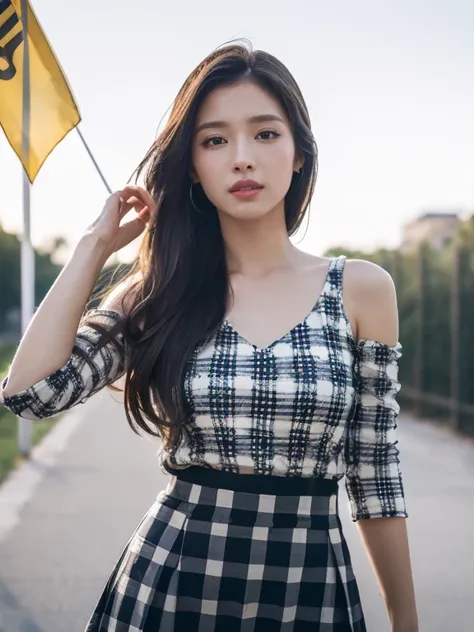 (((8K、High resolution、Highest quality、High resolution)))、alone、Glamorous figure、White skin、Natural Makeup、Black Hair、Upper Body、Long layer cuts,Looking into the camera、Outdoor, (Checkered flag mini skirt dress), No sleeve、V-neck , At the circuit