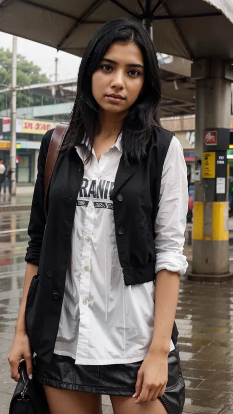 A indian gril black hair   at train station warking alone   raining day 