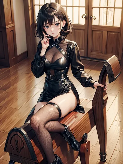 ((((Best Quality, 8K, 32K, masterpiece, 1.2)))),{{solo}},nsfw,{{{Artist: GirlfriendMixs style}}},((perfect beautiful face:1.2)), slender body, wearing gothic dress, wearing fishnet tights, bdsm, ((wooden horse, riding on top of wooden horse:1.2)),((peeing,...