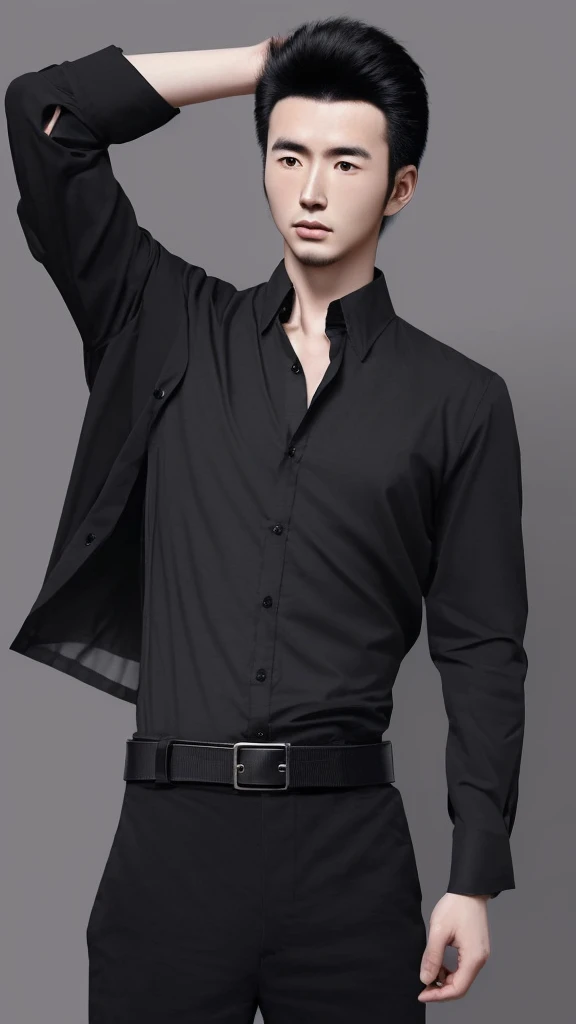 A Korean man,age 25,Cao Cao,1.80 tall,black hair in Comma hair style,skin fair,eyes black,with a black blouse,black belt and black pants,with a jacket on your arm.