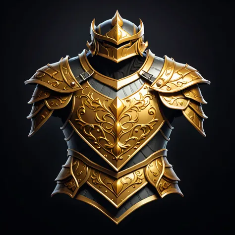 pixel art, cartoon illustration, golden plate armor, simple black background, game icon 