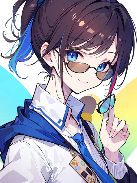 (best quality、masterpiece:1.2) (((1 girl))) flat chest ((Punty ornaments)) short hair、blue eyes、Brown hair ((sunglasses)) (vulgar smile) jacket、Ponytail、White shirt, rainbow hair color