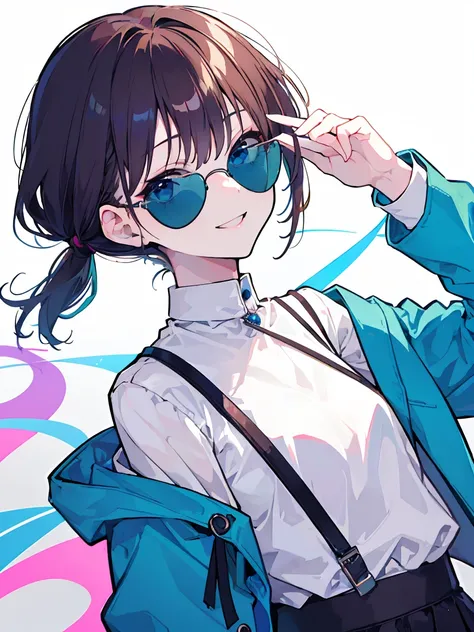 (best quality、masterpiece:1.2) (((1 girl))) Flat chest short hair、blue eyes、Brown hair ((sunglasses)) (vulgar smile) jacket、Ponytail、White shirt, rainbow hair color