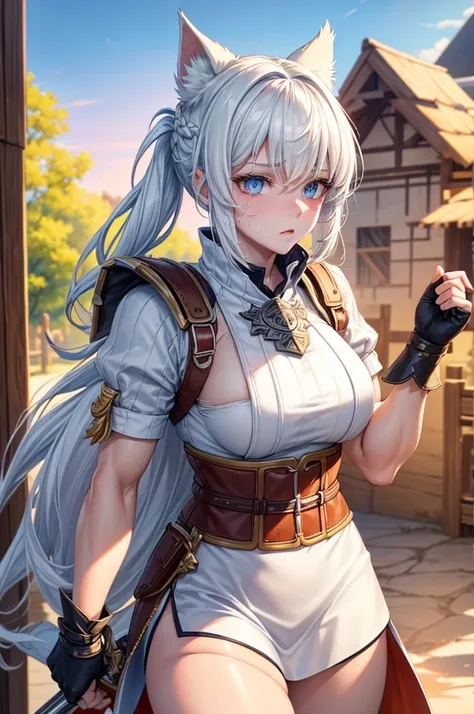 short white hair with white wolf ears, her eyes are bright orange, she has a short, braided ponytail. She is wearing worn and torn peasant cotton clothes, with leather belts around her. She has a large greatsword on her back and she is wearing long leather...