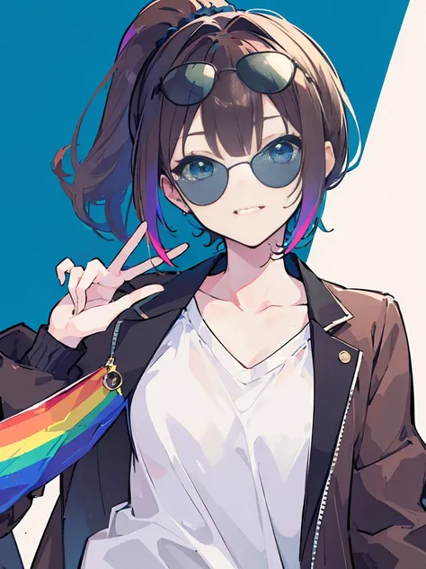 (best quality、masterpiece:1.2) (((1 girl))) Flat chest short hair、blue eyes、Brown hair ((sunglasses)) (vulgar smile) jacket、Ponytail、White shirt, rainbow hair color