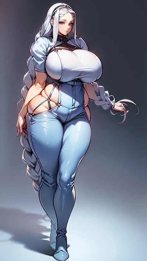 ((blank background)), masterpiece, best quality, silver hair, (curvy:1.7), (massive breast:1.5), ((full body framing)), (long legs:1.6), symmetry, farmer woman, (blue overalls), long boots, belt below navel, lumberjack shirt, (braided hair)