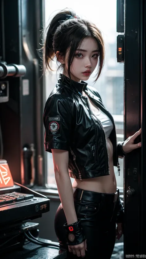 8K,beautiful,cyber punk,cyber punkな街並み,Neon night,Charming girl at 18 years old,Baby Face,ponytail,Long Shot,whole body,Composition from afar