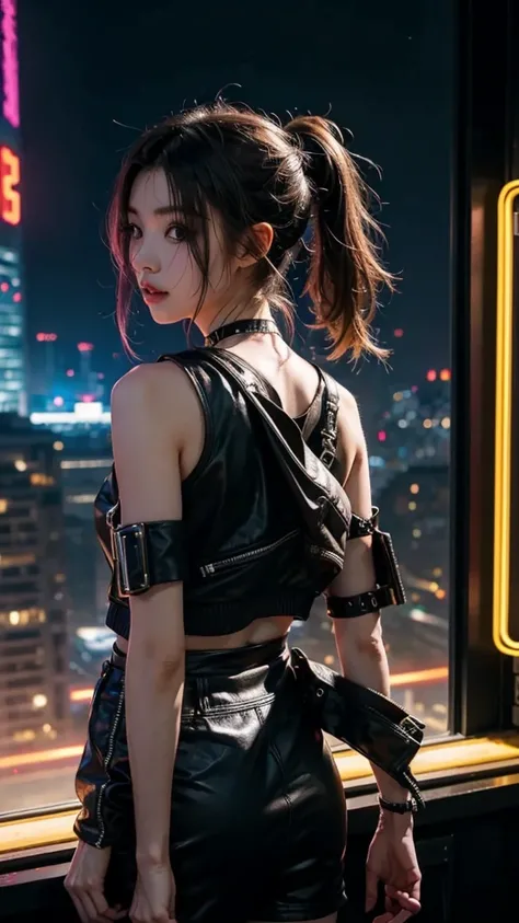 8K,beautiful,cyber punk,cyber punkな街並み,Neon night,Charming girl at 18 years old,Baby Face,ponytail,Long Shot,whole body,Composition from afar