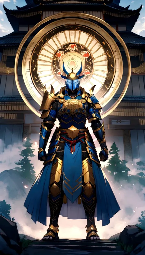 Generate a futuristic samurai warrior standing in front of a traditional Japanese castle. The warrior wears a high-tech armor that combines traditional Japanese samurai elements with advanced mechanical parts. The armor is predominantly black with gold acc...