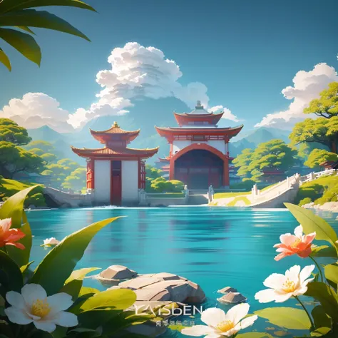 There is a painting of a pagoda in the middle of the lake, Dreamy Chinatown, 3D rendering style, Pagoda Figures, Anime Landscape, Beautiful and detailed scenes, Water Temple, Ross Chen. Landscape background, 3 d stylize scene, Chinese scenery, Zen temple b...