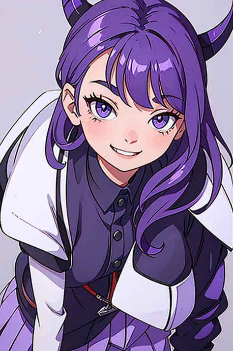 tall girl, PURPLE HAIR, horns on the head, blue eyes, purple military uniform, closed military jacket, office pants with skirt, smiling, White background