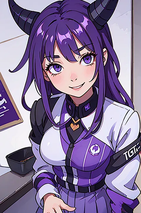 tall girl, PURPLE HAIR, horns on the head, blue eyes, purple military uniform, closed military jacket, office pants with skirt, smiling