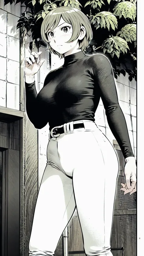 (野球uniform:1.2),
Blonde Hair, (short hair:1.2),Long sleeve, Black Shirt, turtleneck,White trousers、uniform、Black belt、((Illustration of people))、Big Boobs、
View Audience,, (Highest quality:1.3),One Girl, White pants、uniform、Outdoor、baseball ground、ground、s...