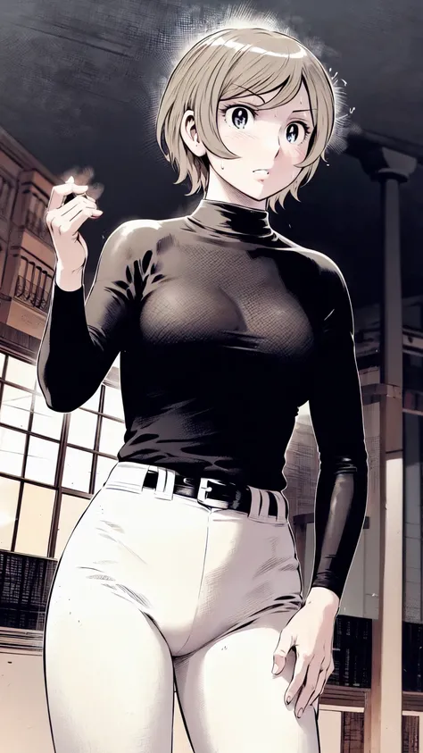 (野球uniform:1.2),
Blonde Hair, (short hair:1.2),Long sleeve, Black Shirt, turtleneck,White trousers、uniform、Black belt、((Illustration of people))、Big Boobs、
View Audience,, (Highest quality:1.3),One Girl, White pants、uniform、Outdoor、baseball ground、ground、s...