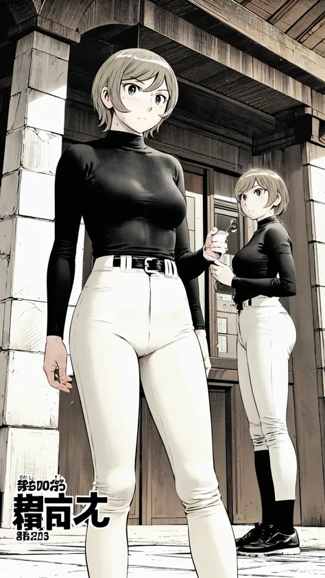 (野球uniform:1.2),
Blonde Hair, (short hair:1.2),Long sleeve, Black Shirt, turtleneck,White trousers、uniform、Black belt、((Illustration of people))、Big Boobs、
View Audience,, (Highest quality:1.3),One Girl, White pants、uniform、Outdoor、baseball ground、ground、s...