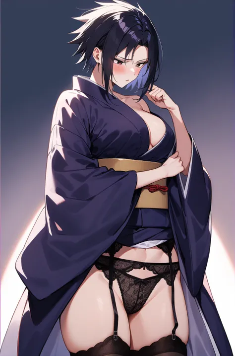 Sasuke Uchiha, e Cup sized breasts, opened kimono, showing off pantys, blush, lace ,black garter belt