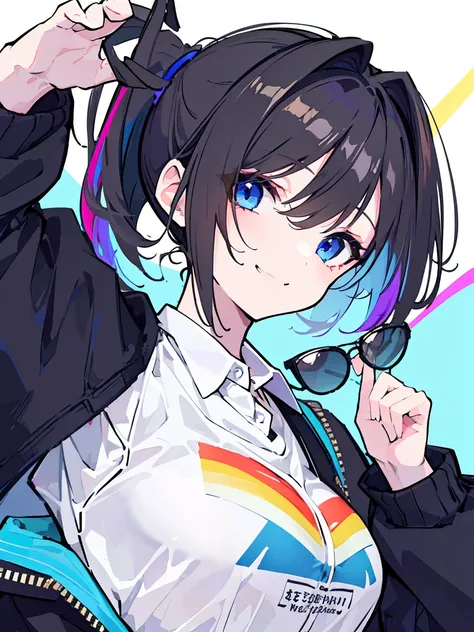 (best quality、masterpiece:1.2) (((1 girl))) Flat chest short hair、blue eyes、Brown hair ((sunglasses)) (vulgar smile) jacket、Ponytail、White shirt, rainbow hair color