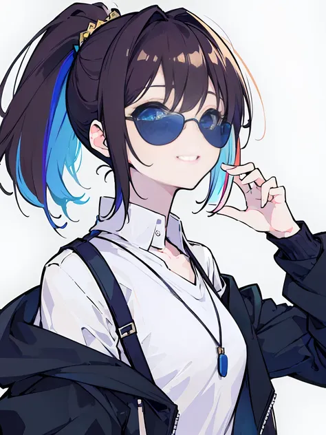 (best quality、masterpiece:1.2) (((1 girl))) Flat chest short hair、blue eyes、Brown hair ((sunglasses)) (vulgar smile) jacket、Ponytail、White shirt, rainbow hair color