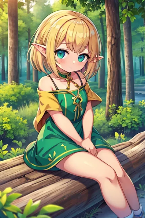 elf girl, short hair, medium chest, forest background, sitting on log (tocon) White dress, dress that shows your shoulders, shy expression