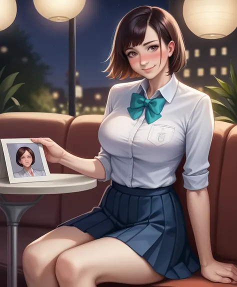 (8k, RAW photo, best quality, masterpiece:1.2), (realistic, photo-realistic:1.37), ultra-detailed,
1 girl,cute, solo,beautiful detailed sky,detailed cafe,night,sitting,dating,(nose blush),(smile:1.1),(closed mouth),large breasts, seductive smile, large apa...