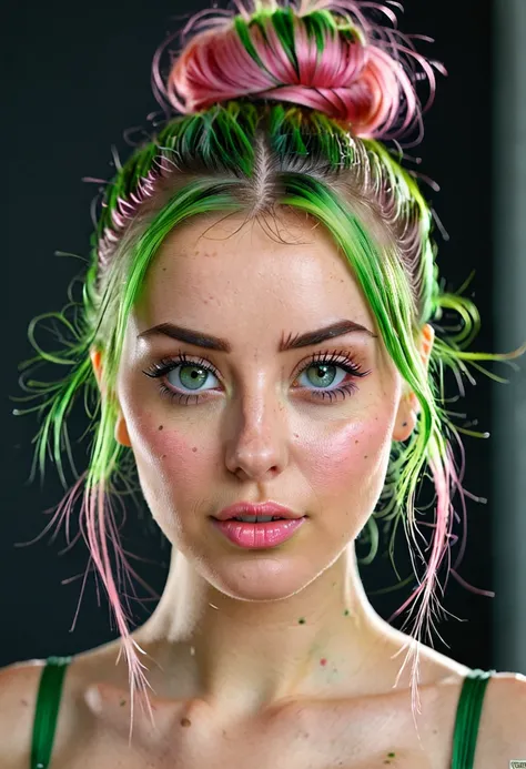 girl, beautiful green eyes, clear skin, soft makeup, long streaked green/pink hair, messy hairbun, realistic soft skin, tight body, photorealistic, realistic (ultra detali, high resolution, realisitic:1.2), bright coloured, bokeh, (portraits:1.1), studio l...