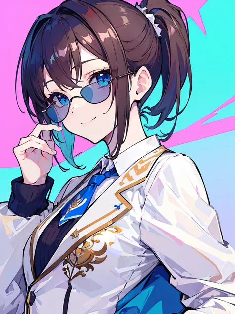 (best quality、masterpiece:1.2) (((1 girl))) Flat chest short hair、blue eyes、Brown hair ((sunglasses)) (vulgar smile) jacket、Ponytail、White shirt, rainbow hair color