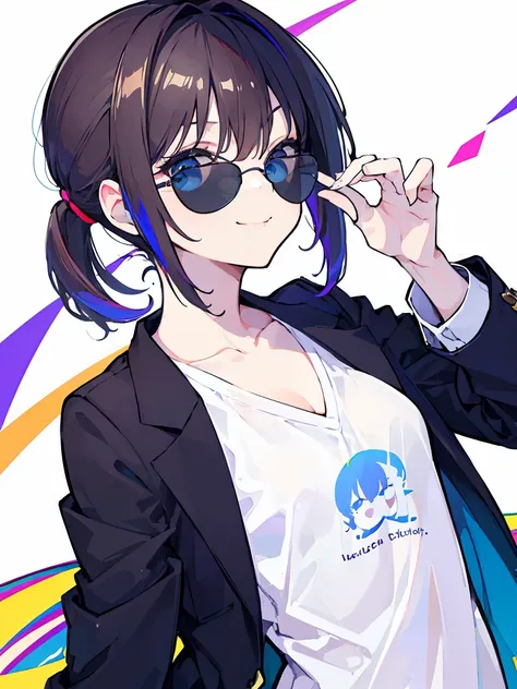 (best quality、masterpiece:1.2) (((1 girl))) Flat chest short hair、blue eyes、Brown hair ((sunglasses)) (vulgar smile) jacket、Ponytail、White shirt, rainbow hair color