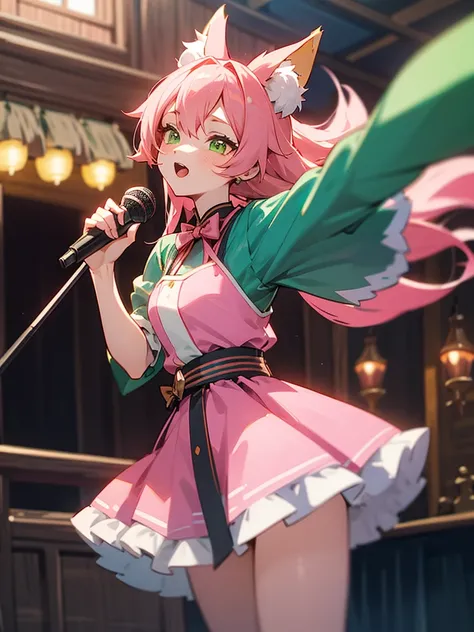 kitsune idol in a tavern, foxgirl, fox ears, fox tails, pink hair, green eyes, blue idol dress, tavern background, high quality, masterpiece, singing
