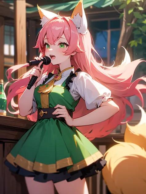 kitsune idol in a tavern, foxgirl, fox ears, fox tails, pink hair, green eyes, blue idol dress, tavern background, high quality, masterpiece, singing
