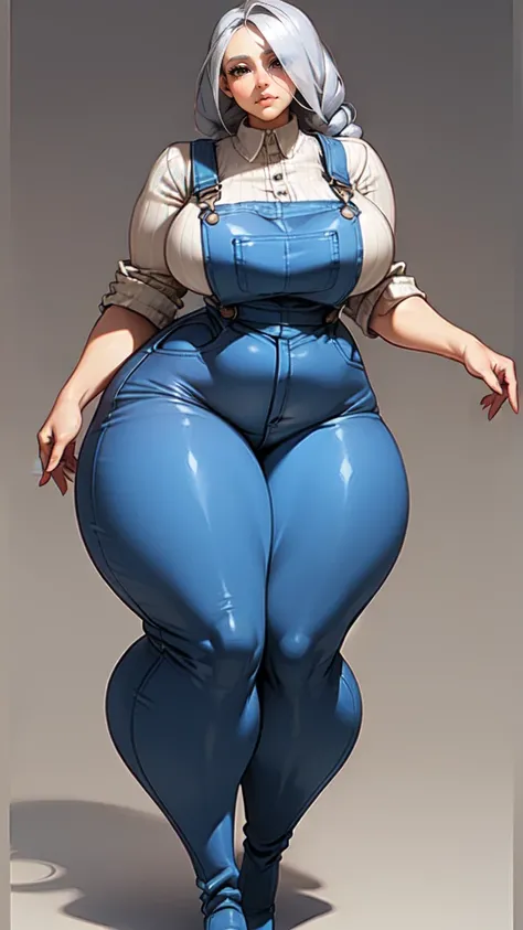 ((blank background)), masterpiece, best quality, silver hair, (curvy:1.7), (massive breast:1), ((full body framing)), (long legs:1.6), symmetry, farmer woman, (blue overalls), long boots, belt below navel, lumberjack shirt, (braided hair)