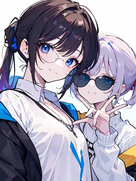 (best quality、masterpiece:1.2) (((1 girl))) Flat chest short hair、blue eyes、Brown hair ((sunglasses)) (vulgar smile) jacket、Ponytail、White shirt, rainbow hair color