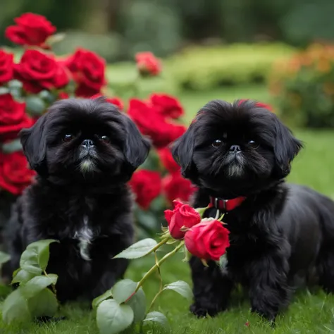 Two small black shih tzus wearing red sunglasses playing with sprinklers red roses in background