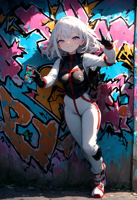 最high quality、Better image quality、Masterpiece、adolescent((18 years、 becoming、vest bust、medium bust,wide open chest tea、lilac eye, Lilac and white hair、Habitual hair、wide、Delgado,highest valley、Have a smartphone、smug face、peace sign、smart跡、anime type suit ...