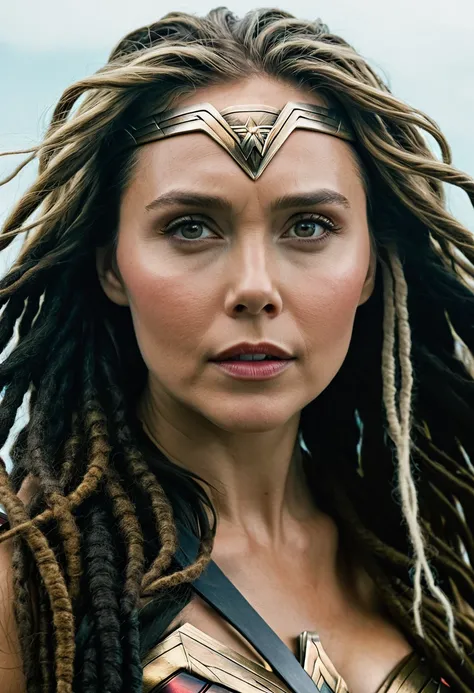 In extreme close-up Elizabeth Olsen under the mantle of the Amazon warrior (((Wonder woman)),((dreadlocks))) surreal and cinematographic images Color Splash images f(((Traje actual Wonder woman))),(((Diaema Wonder woman)))