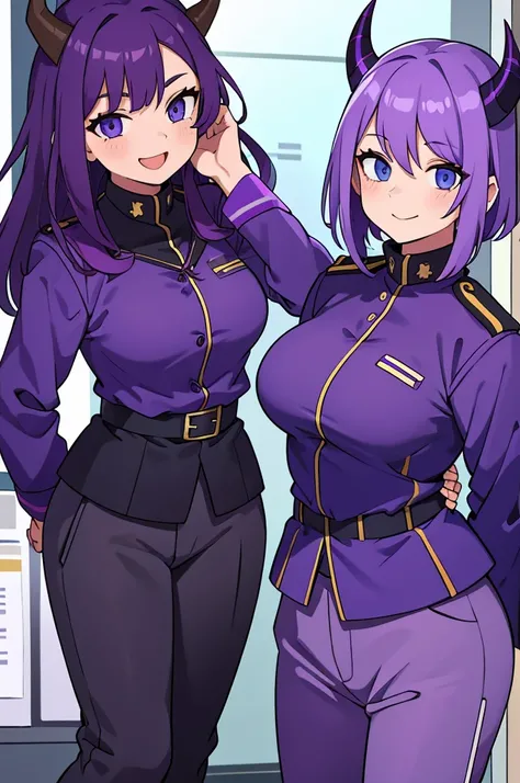 tall girl, PURPLE HAIR, horns on the head, blue eyes, purple military uniform, closed military jacket, office pants with skirt, smiling