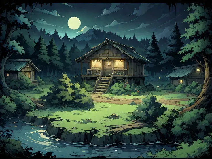 forest，forest被神秘的微光笼罩，forest有一个湖，The lake is surrounded by bushes and trees，There is a dilapidated cabin。night，Night view。Mid-ground composition，Panorama pictures，Scene screen，Game concept art style，Anime illustration style，HD，4K。