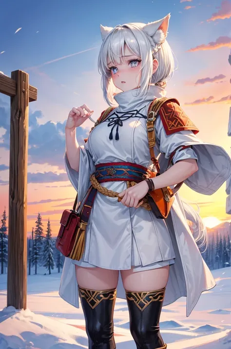 short white hair with white wolf ears, she has a short braided ponytail. She is wearing traditional finnish folk clothes from finland, its like sami clothing. She has a large greatsword on her with her and she is wearing long leather boots. Her body is mus...