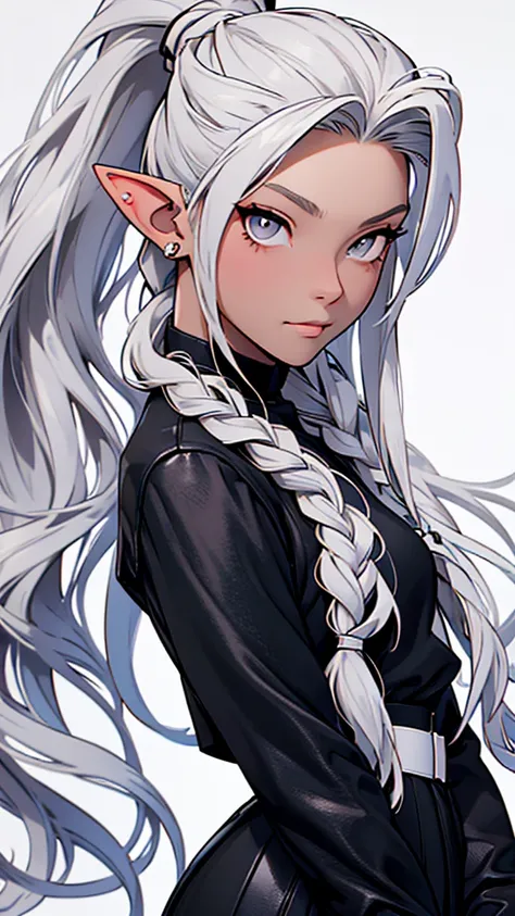 Millicent is a 21 year old young woman...., Tall and fit physique. He has light skin and gray eyes with small pupils..... Long wavy white hair braided in a high ponytail with many small braids... It has long and pointed ears.. Described as an incredibly be...