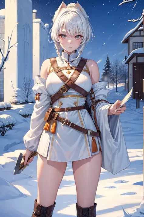 short white hair with white wolf ears, she has a short braided ponytail. She is wearing traditional finnish folk clothes from finland, its like sami clothing. She has a large greatsword on her with her and she is wearing long leather boots. Her body is mus...